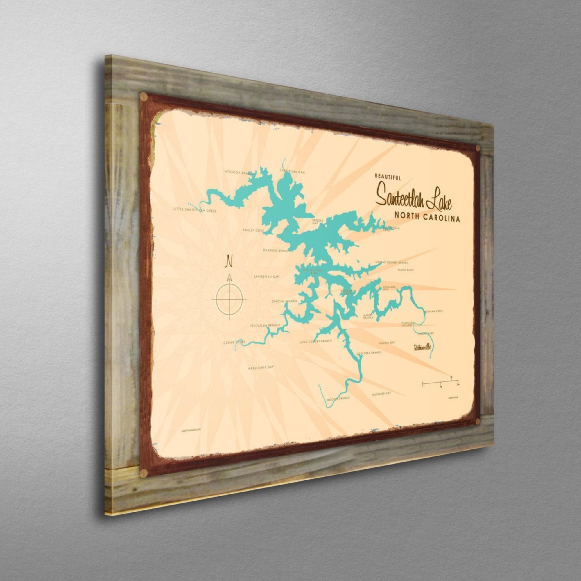 Santeetlah Lake North Carolina, Wood-Mounted Rustic Metal Sign Map Art