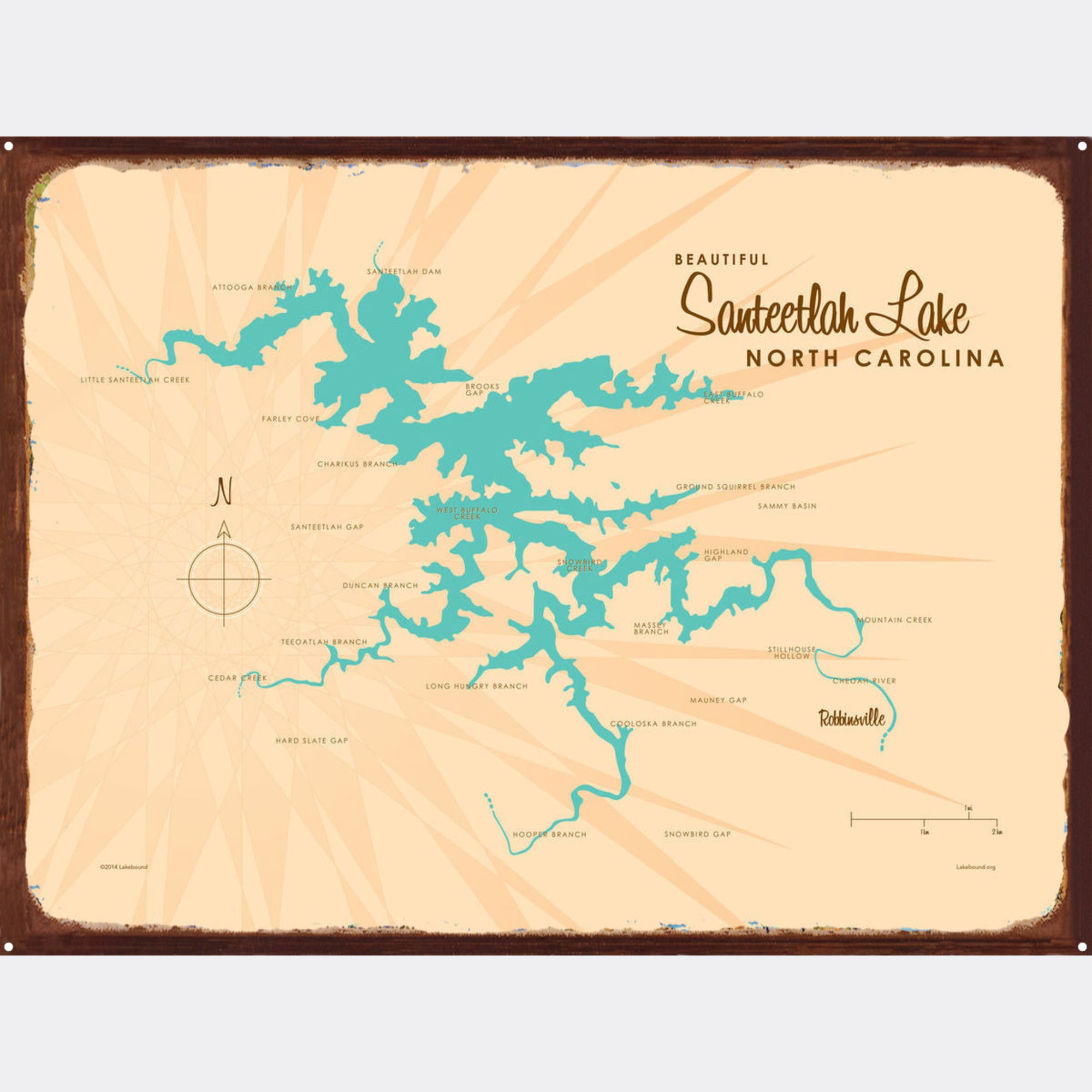 Santeetlah Lake North Carolina, Rustic Metal Sign Map Art