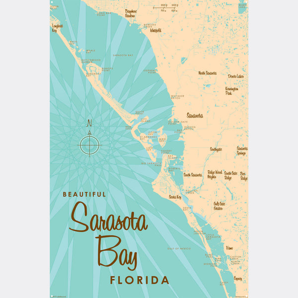 Sarasota Bay Florida, Metal Sign Map Art
