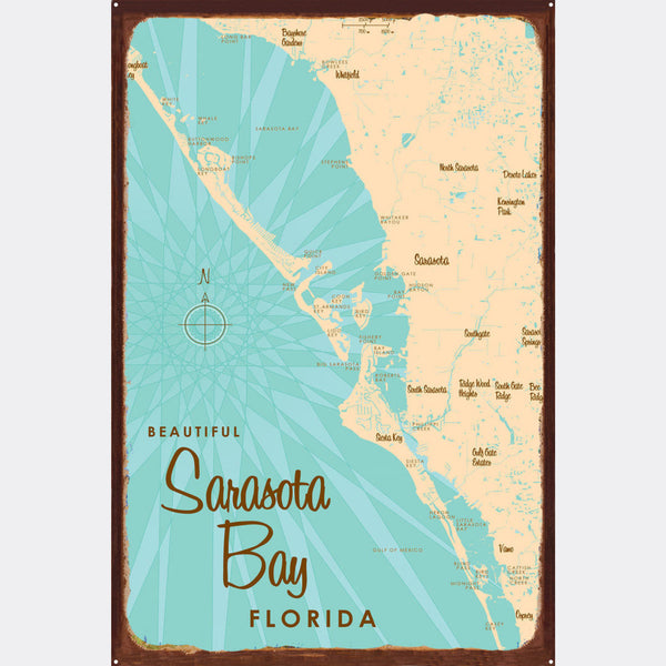 Sarasota Bay Florida, Rustic Metal Sign Map Art