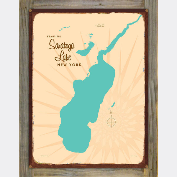 Saratoga Lake New York, Wood-Mounted Rustic Metal Sign Map Art