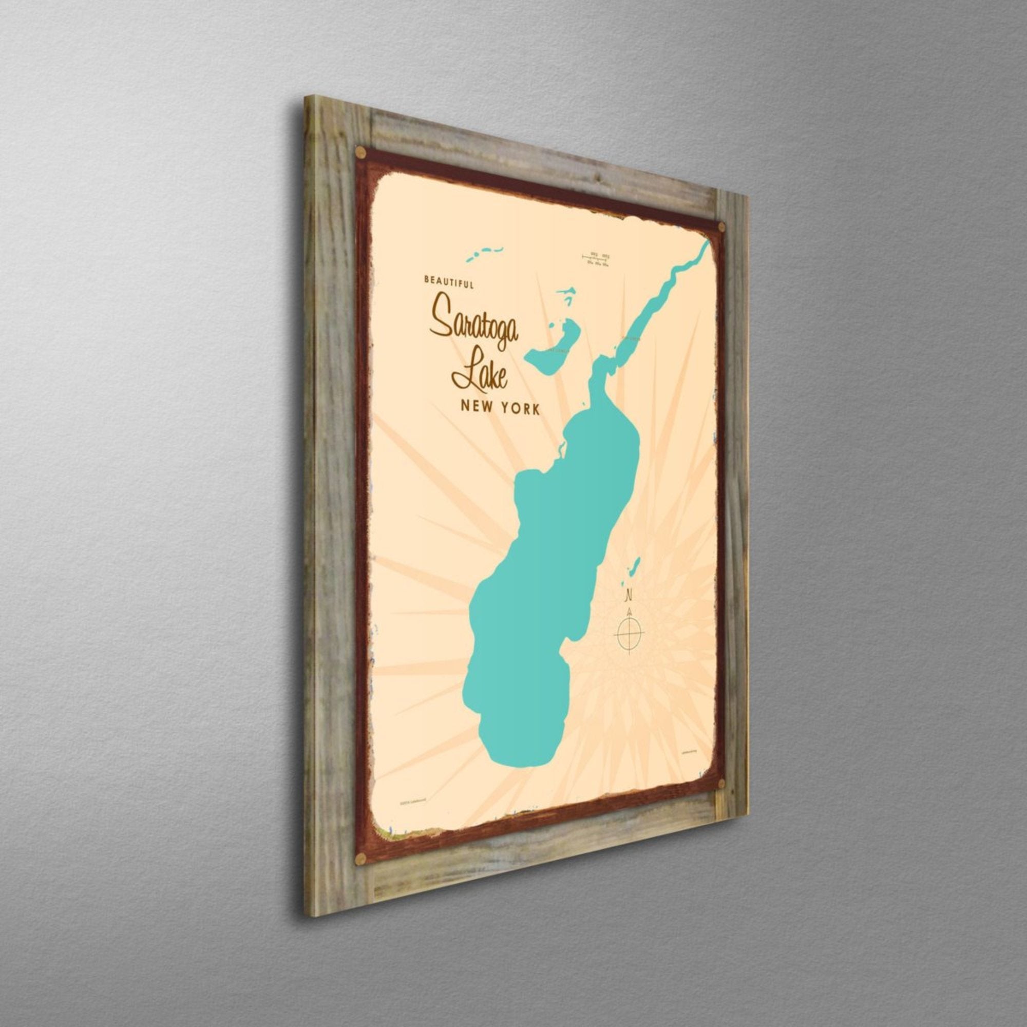 Saratoga Lake New York, Wood-Mounted Rustic Metal Sign Map Art