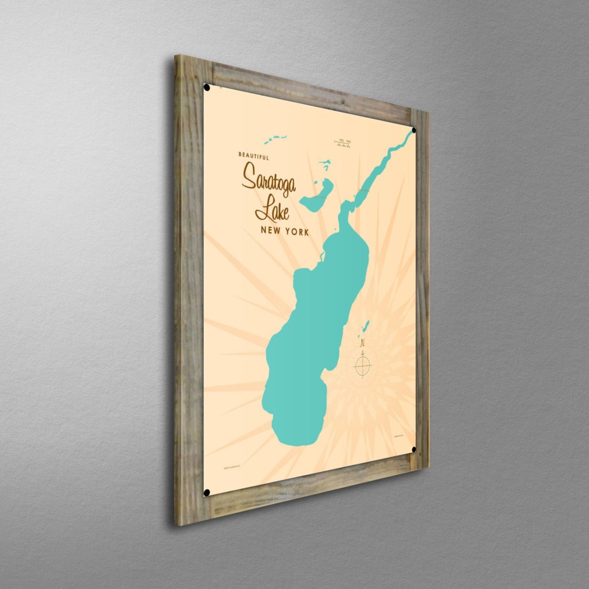 Saratoga Lake New York, Wood-Mounted Metal Sign Map Art