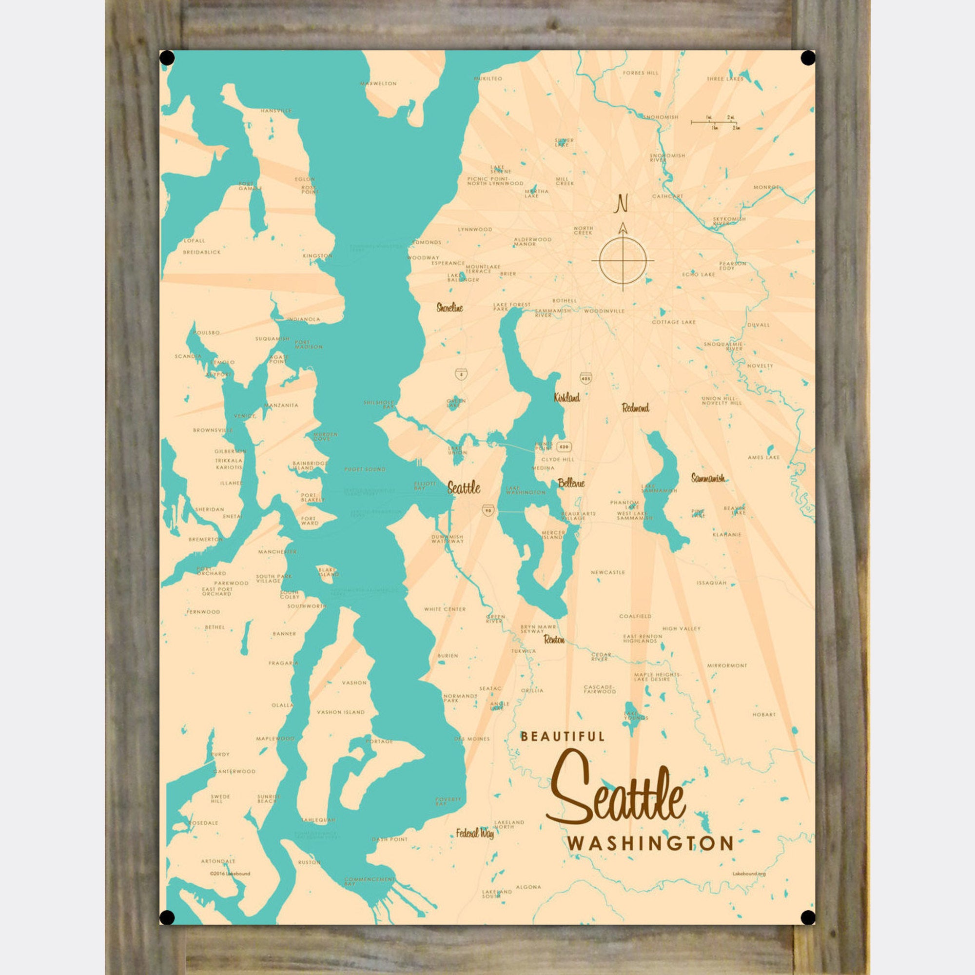 Seattle Washington, Wood-Mounted Metal Sign Map Art