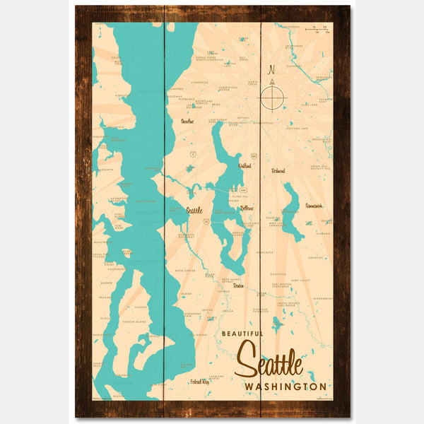 Seattle Washington, Rustic Wood Sign Map Art