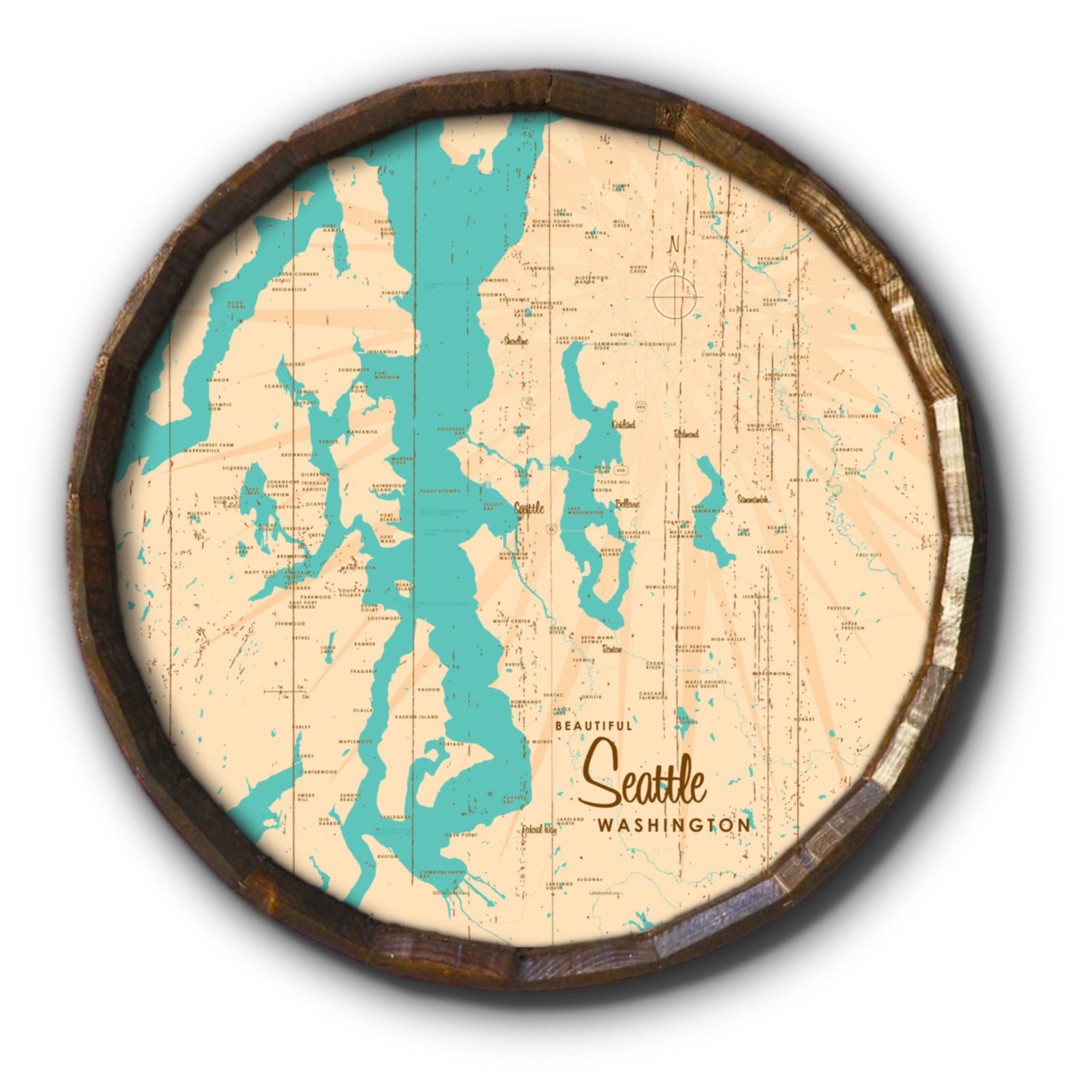 Seattle Washington, Rustic Barrel End Map Art