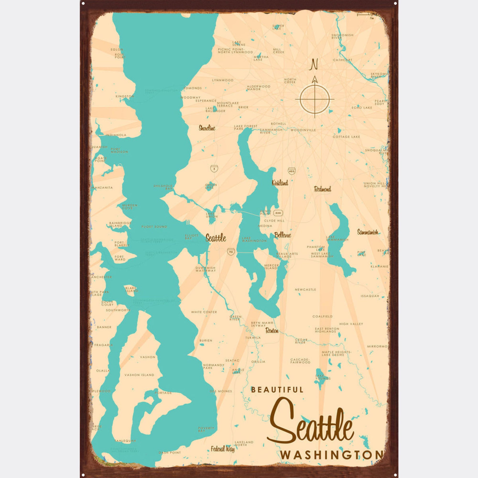 Seattle Washington, Rustic Metal Sign Map Art