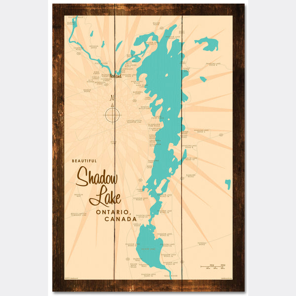 Shadow Lake Ontario, Rustic Wood Sign Map Art