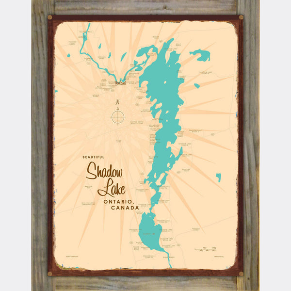 Shadow Lake Ontario Canada, Wood-Mounted Rustic Metal Sign Map Art