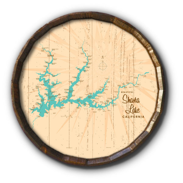 Shasta Lake California, Rustic Barrel End Map Art
