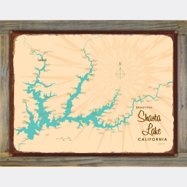 Shasta Lake California, Wood-Mounted Rustic Metal Sign Map Art