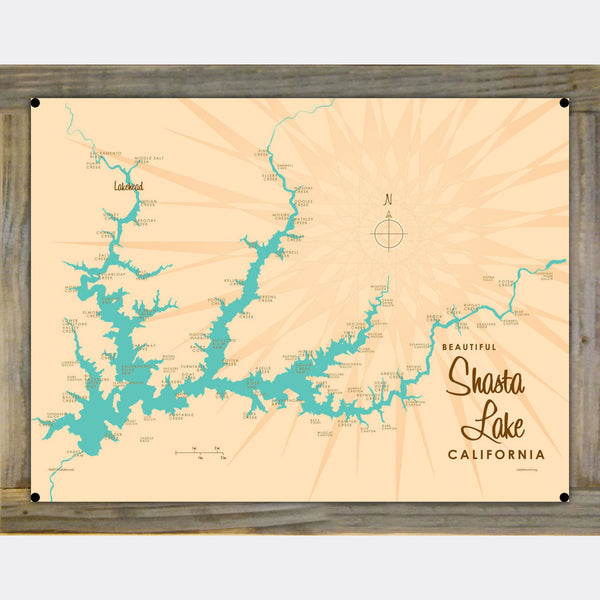 Shasta Lake California, Wood-Mounted Metal Sign Map Art
