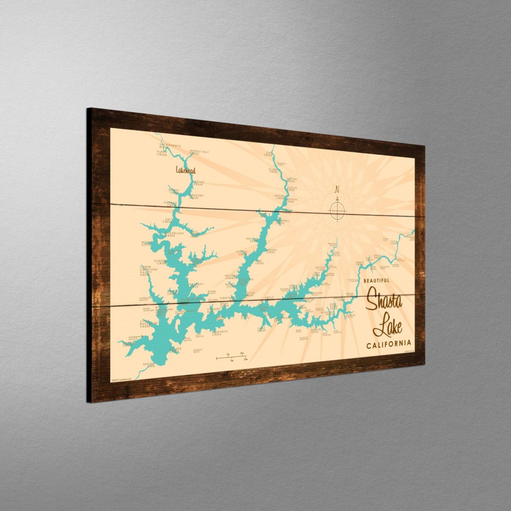 Shasta Lake California, Rustic Wood Sign Map Art