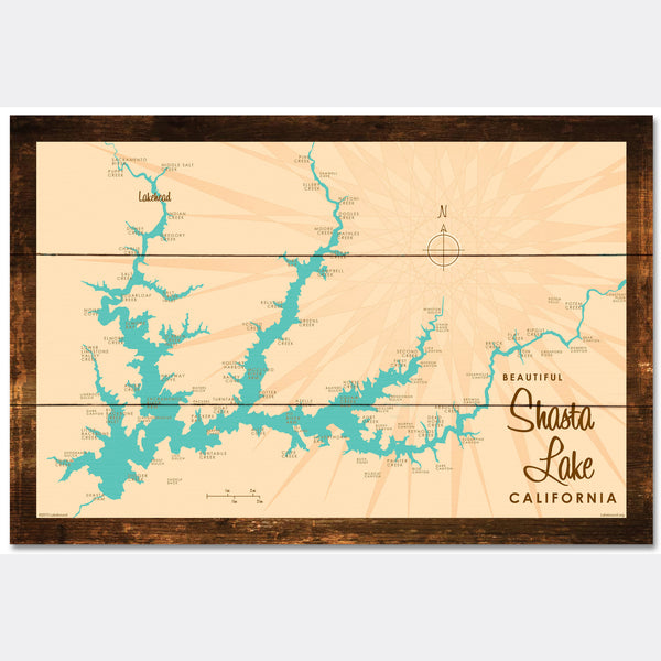 Shasta Lake California, Rustic Wood Sign Map Art