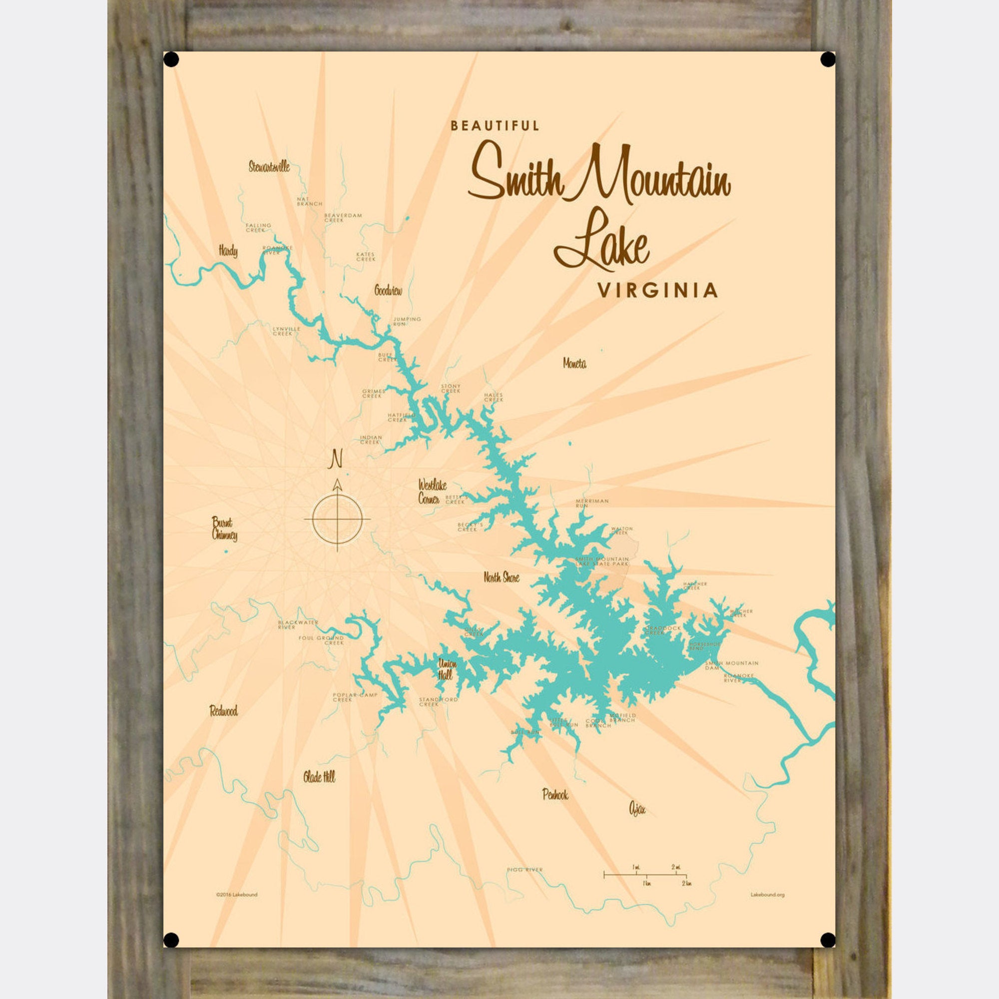 Smith Mountain Lake Virginia, Wood-Mounted Metal Sign Map Art