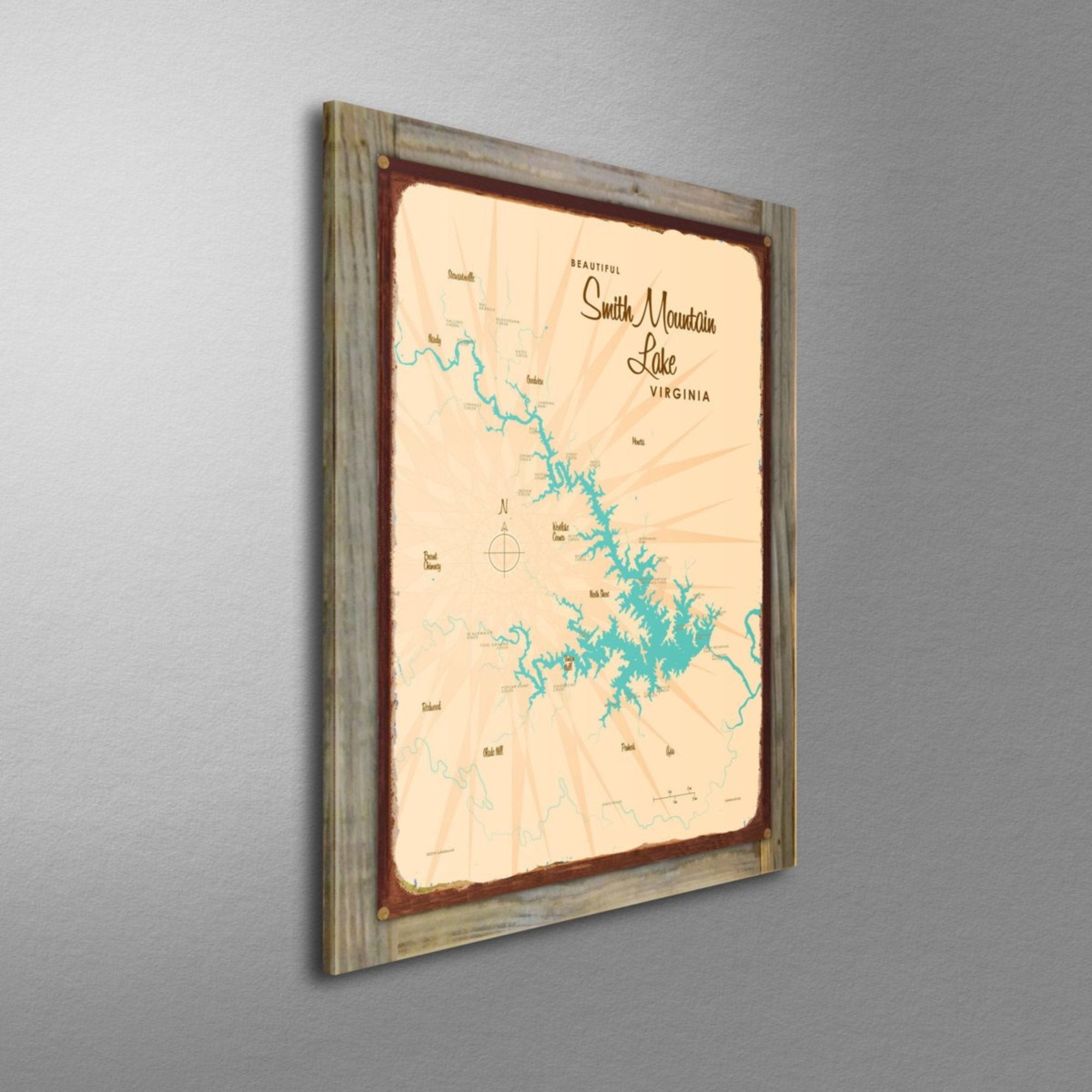 Smith Mountain Lake Virginia, Wood-Mounted Rustic Metal Sign Map Art