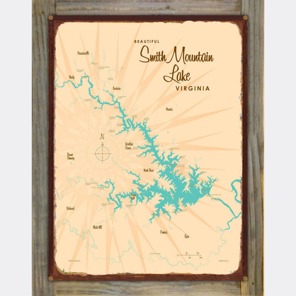 Smith Mountain Lake Virginia, Wood-Mounted Rustic Metal Sign Map Art