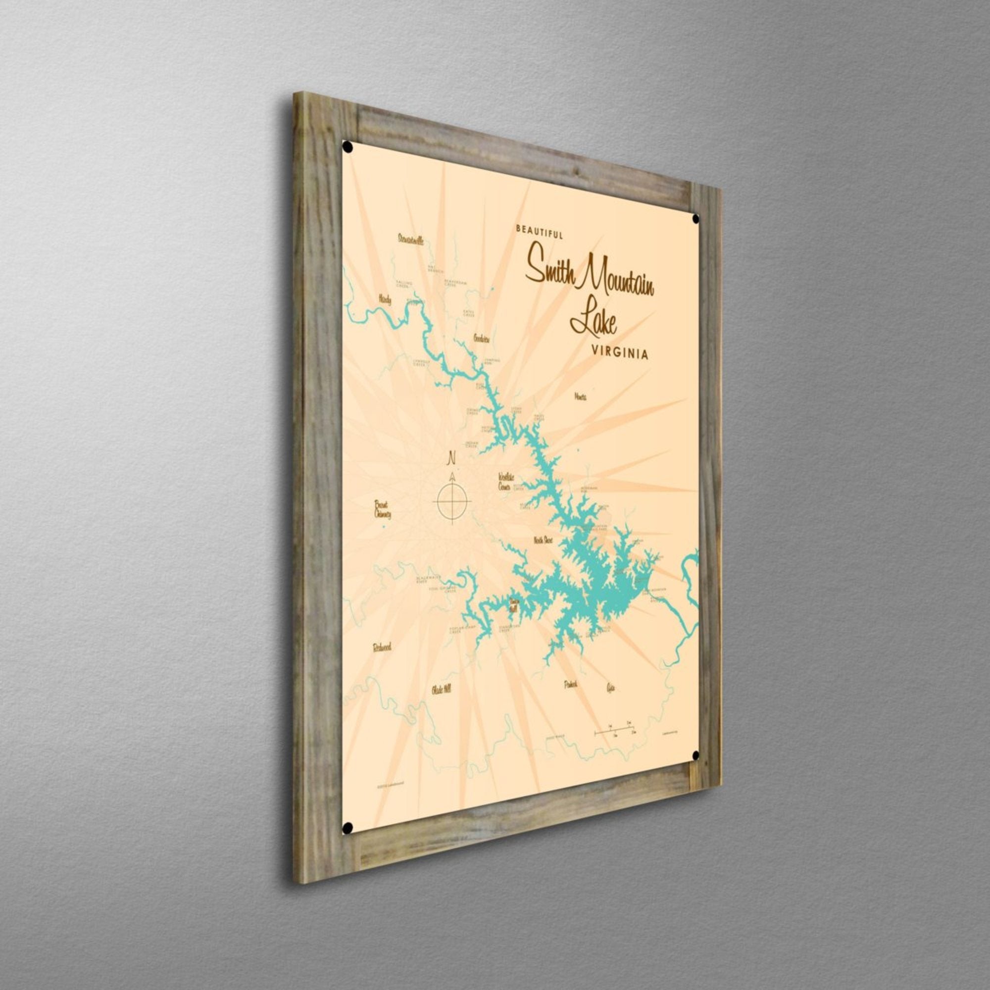 Smith Mountain Lake Virginia, Wood-Mounted Metal Sign Map Art