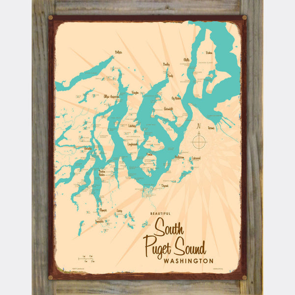 South Puget Sound Washington, Wood-Mounted Rustic Metal Sign Map Art