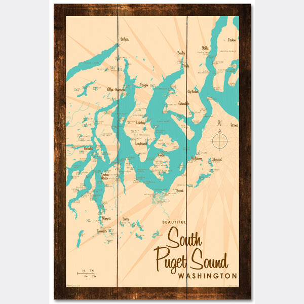 South Puget Sound Washington, Rustic Wood Sign Map Art
