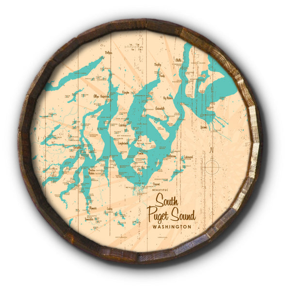South Puget Sound Washington, Rustic Barrel End Map Art