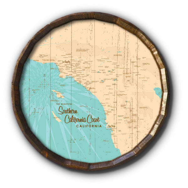 Southern CA Coast, Rustic Barrel End Map Art