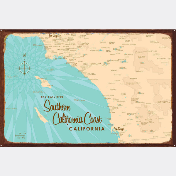 Southern California Coast, Rustic Metal Sign Map Art