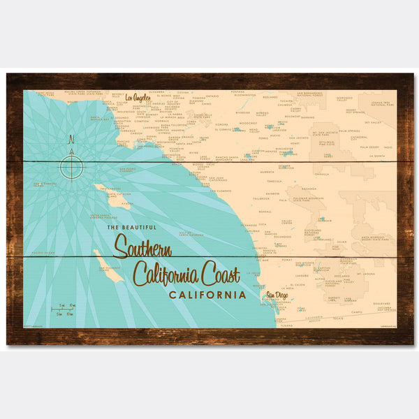 Southern CA Coast, Rustic Wood Sign Map Art