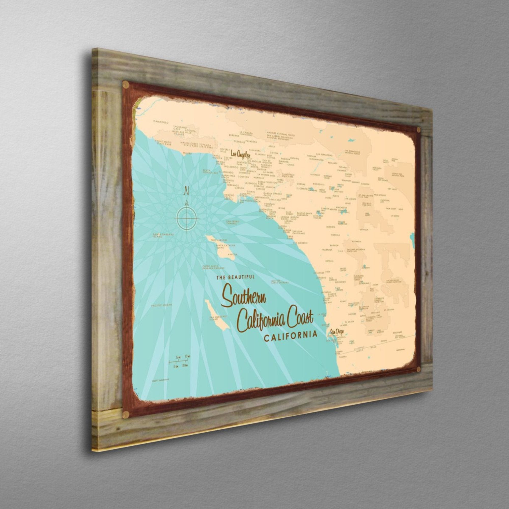 Southern California Coast, Wood-Mounted Rustic Metal Sign Map Art