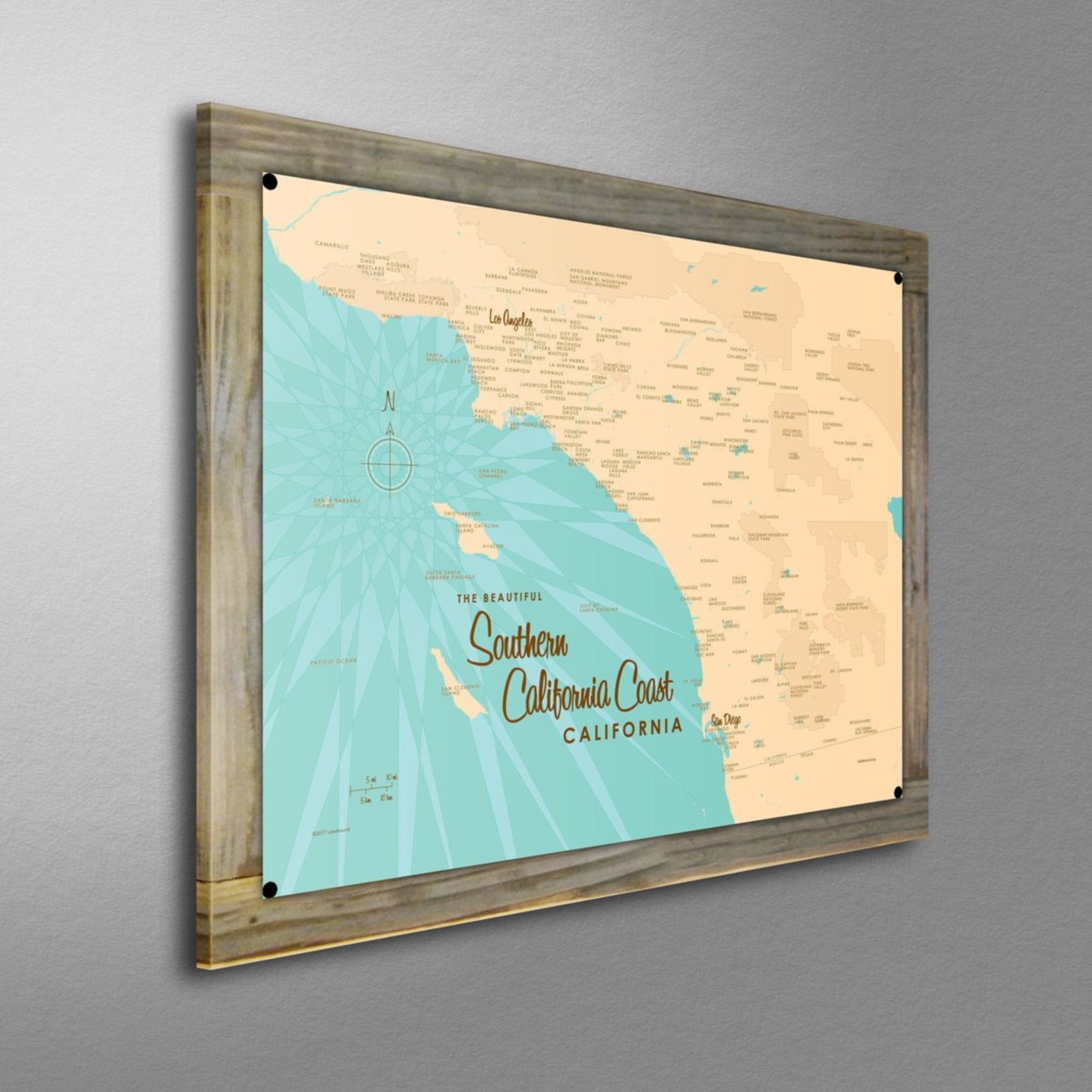 Southern California Coast, Wood-Mounted Metal Sign Map Art
