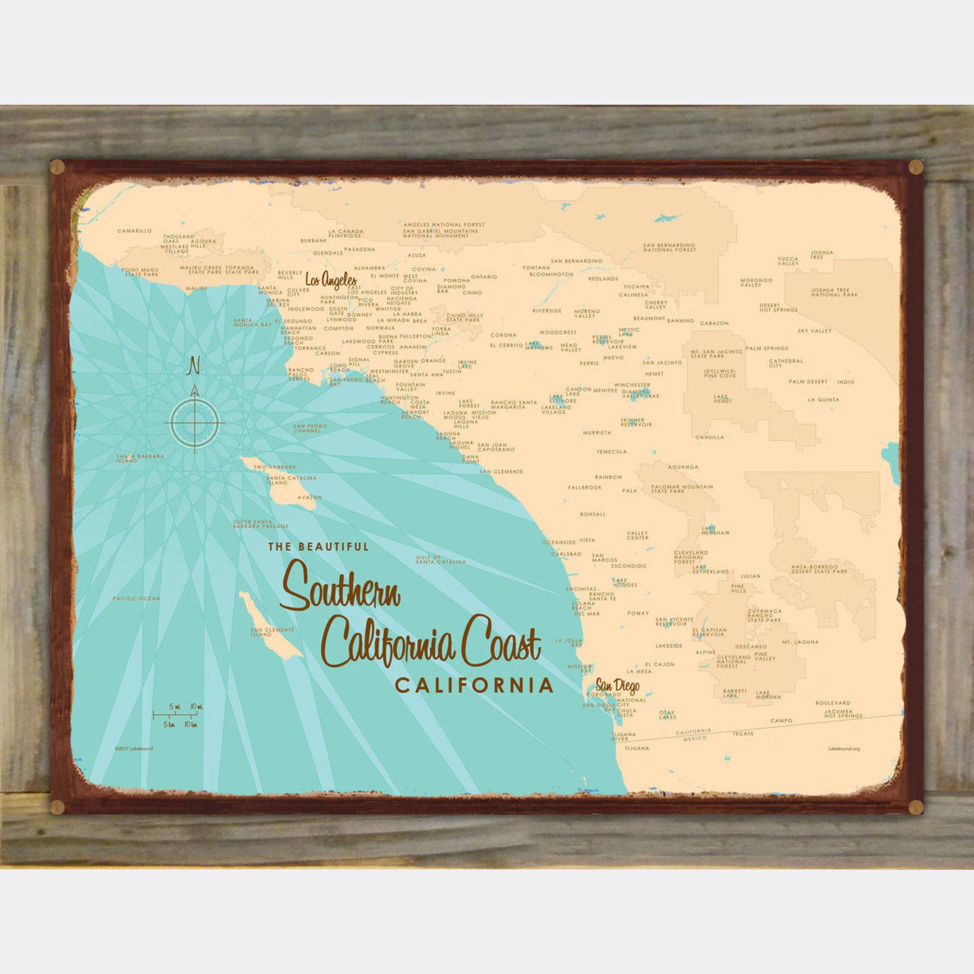Southern California Coast, Wood-Mounted Rustic Metal Sign Map Art