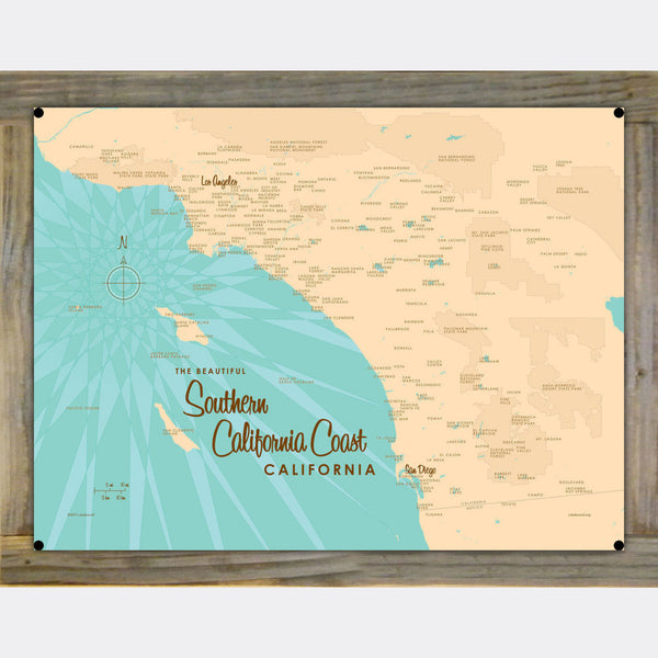 Southern California Coast, Wood-Mounted Metal Sign Map Art