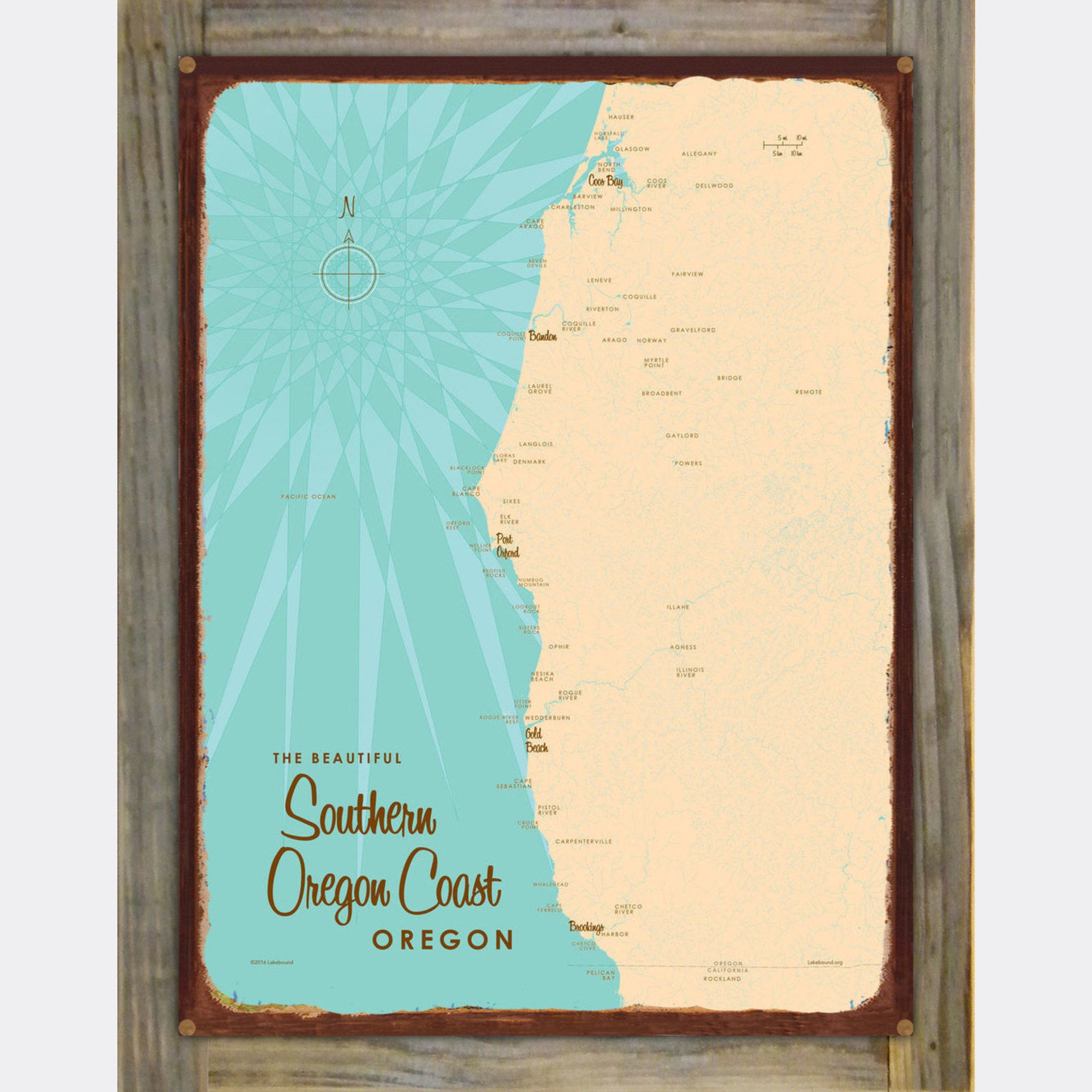 Southern Oregon Coast, Wood-Mounted Rustic Metal Sign Map Art