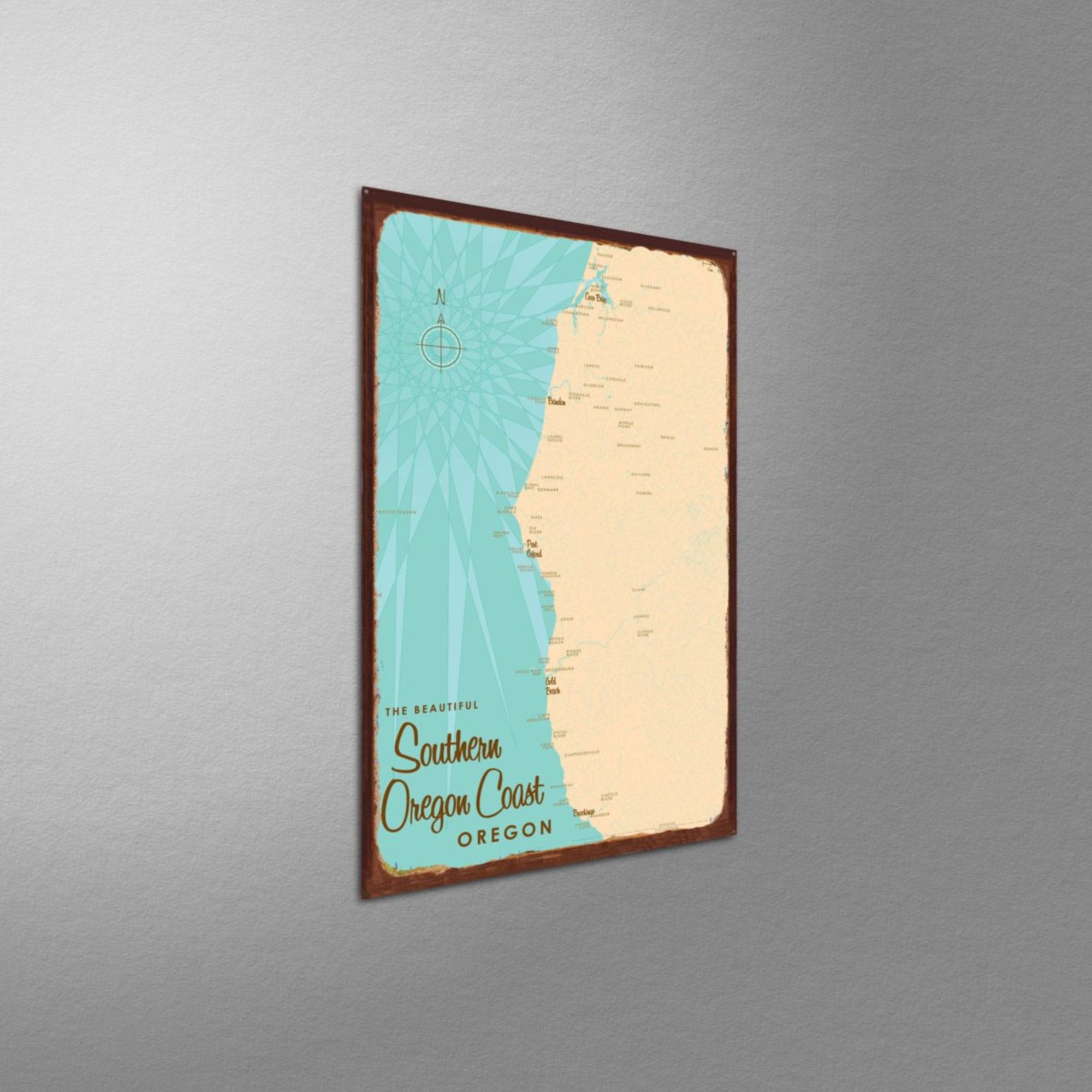 Southern Oregon Coast, Rustic Metal Sign Map Art