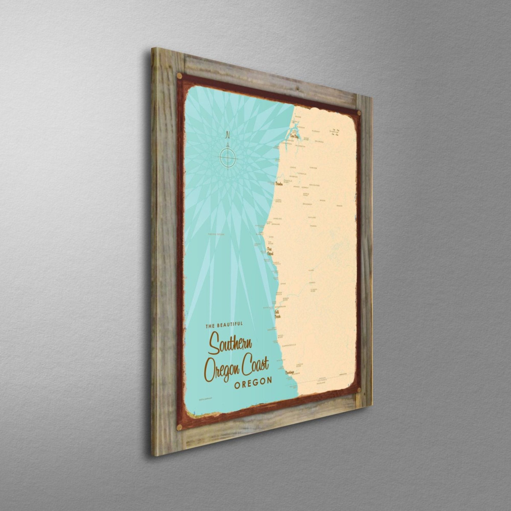 Southern Oregon Coast, Wood-Mounted Rustic Metal Sign Map Art