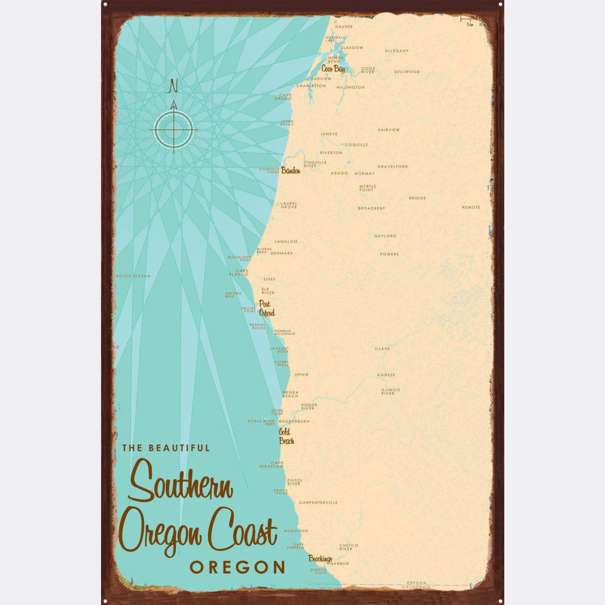 Southern Oregon Coast, Rustic Metal Sign Map Art