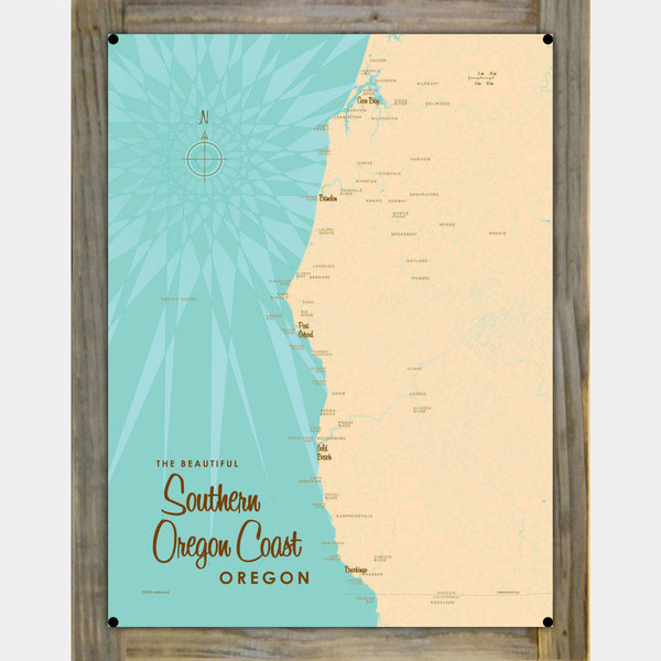 Southern Oregon Coast, Wood-Mounted Metal Sign Map Art