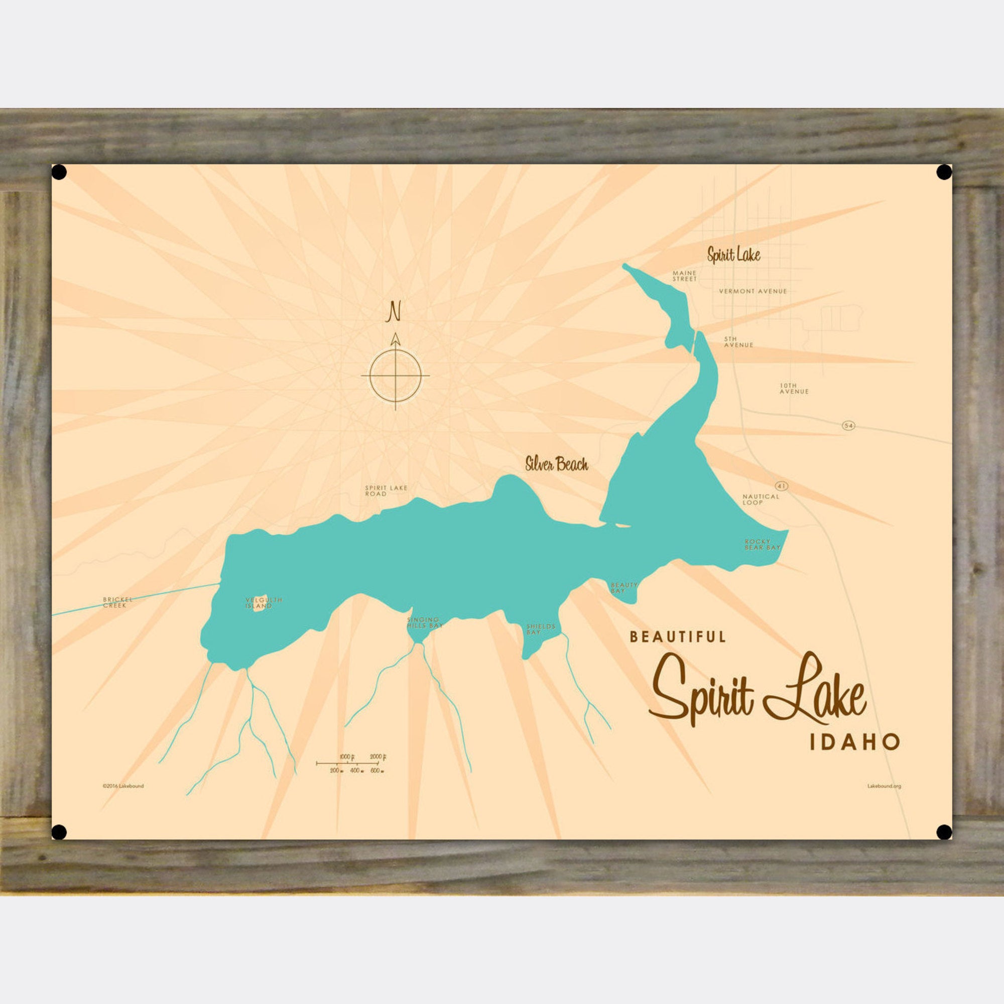 Spirit Lake Idaho, Wood-Mounted Metal Sign Map Art