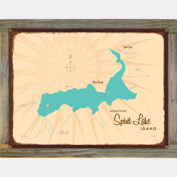 Spirit Lake Idaho, Wood-Mounted Rustic Metal Sign Map Art