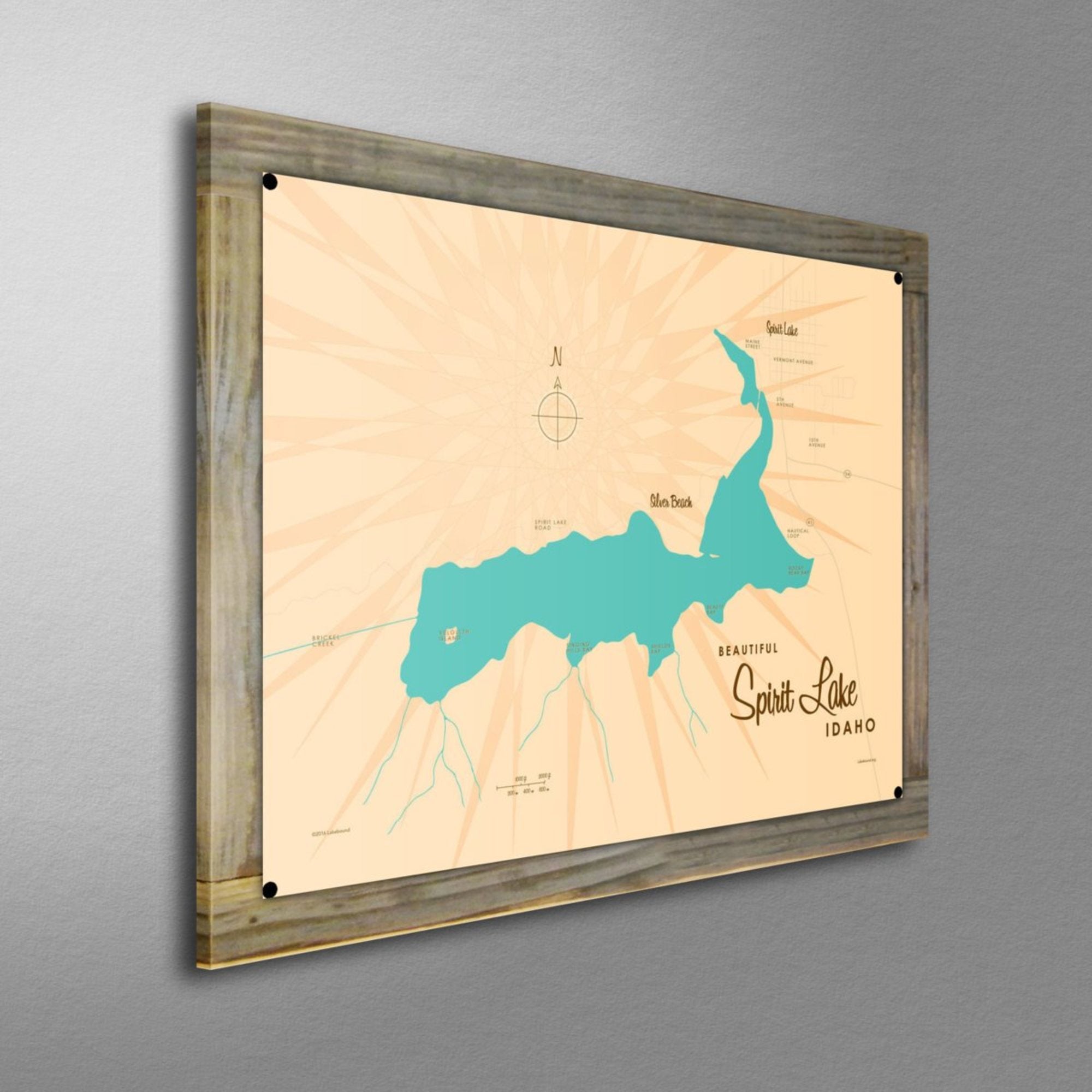 Spirit Lake Idaho, Wood-Mounted Metal Sign Map Art