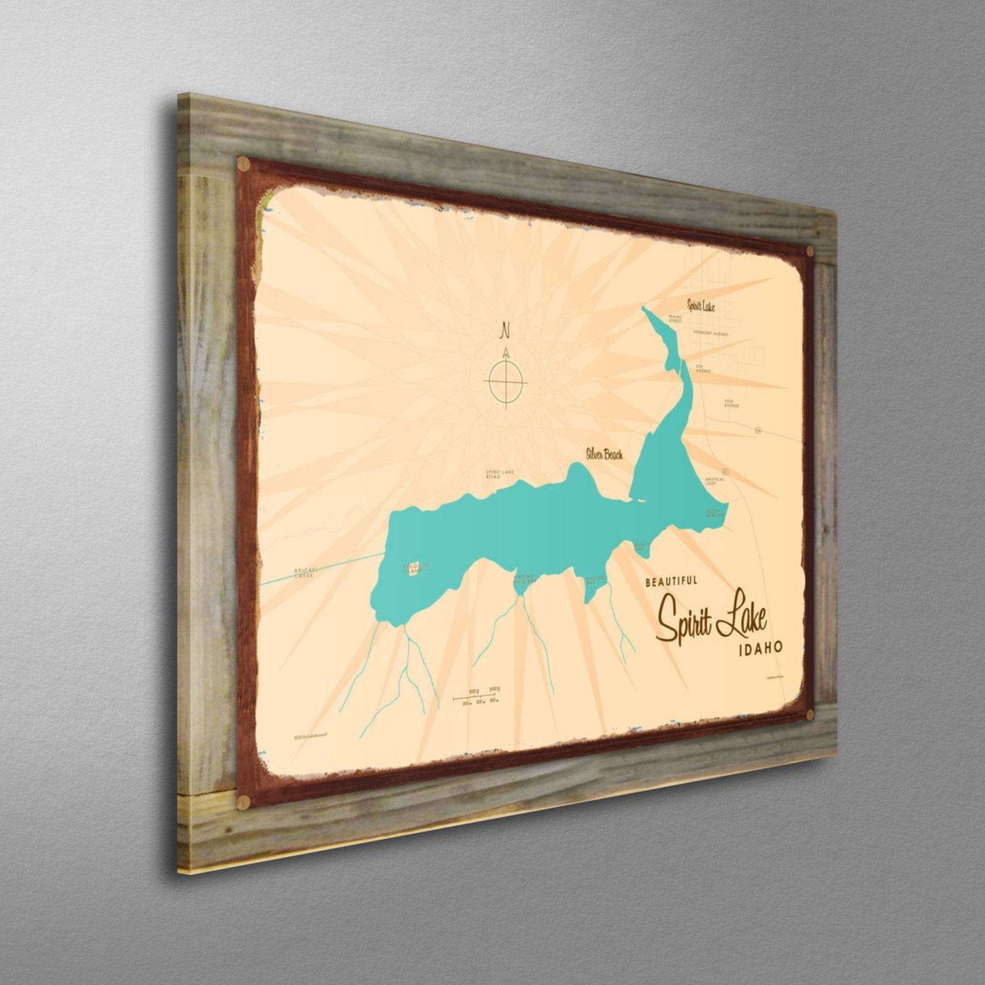 Spirit Lake Idaho, Wood-Mounted Rustic Metal Sign Map Art