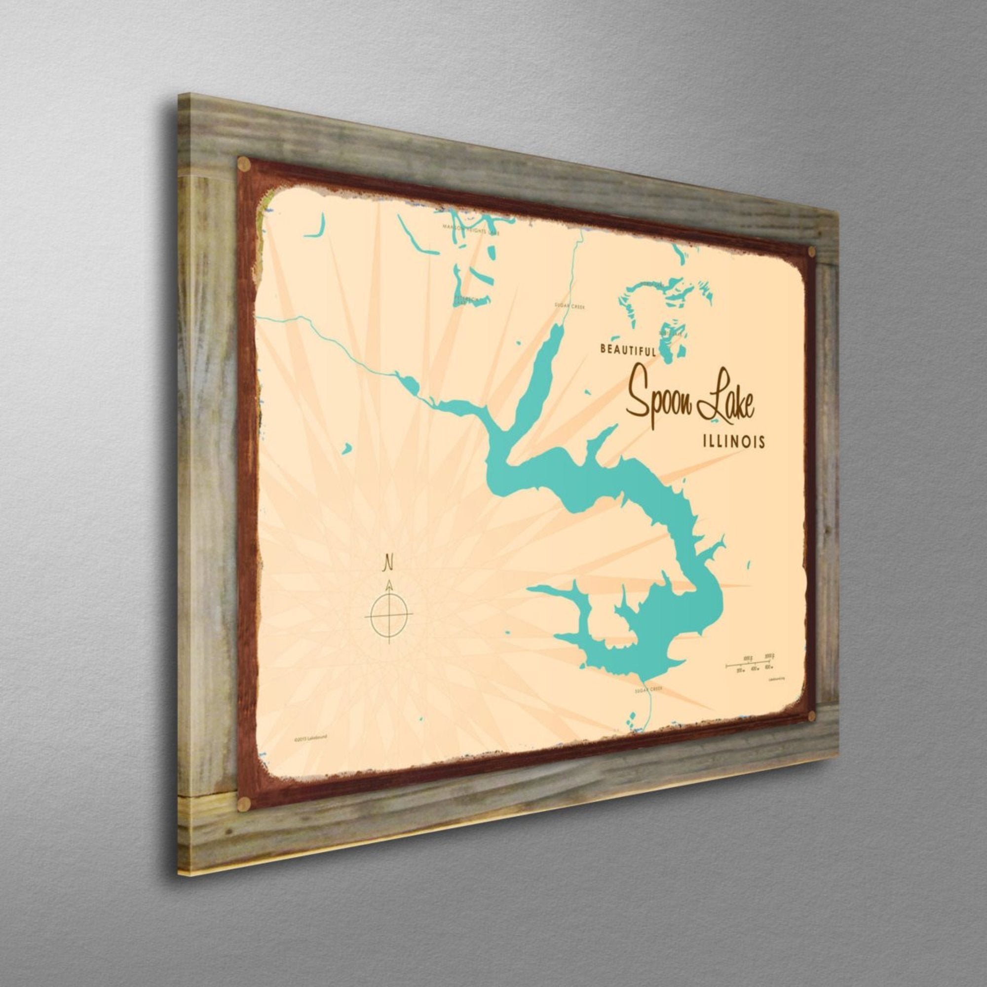 Spoon Lake Illinois, Wood-Mounted Rustic Metal Sign Map Art