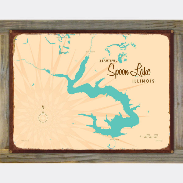 Spoon Lake Illinois, Wood-Mounted Rustic Metal Sign Map Art