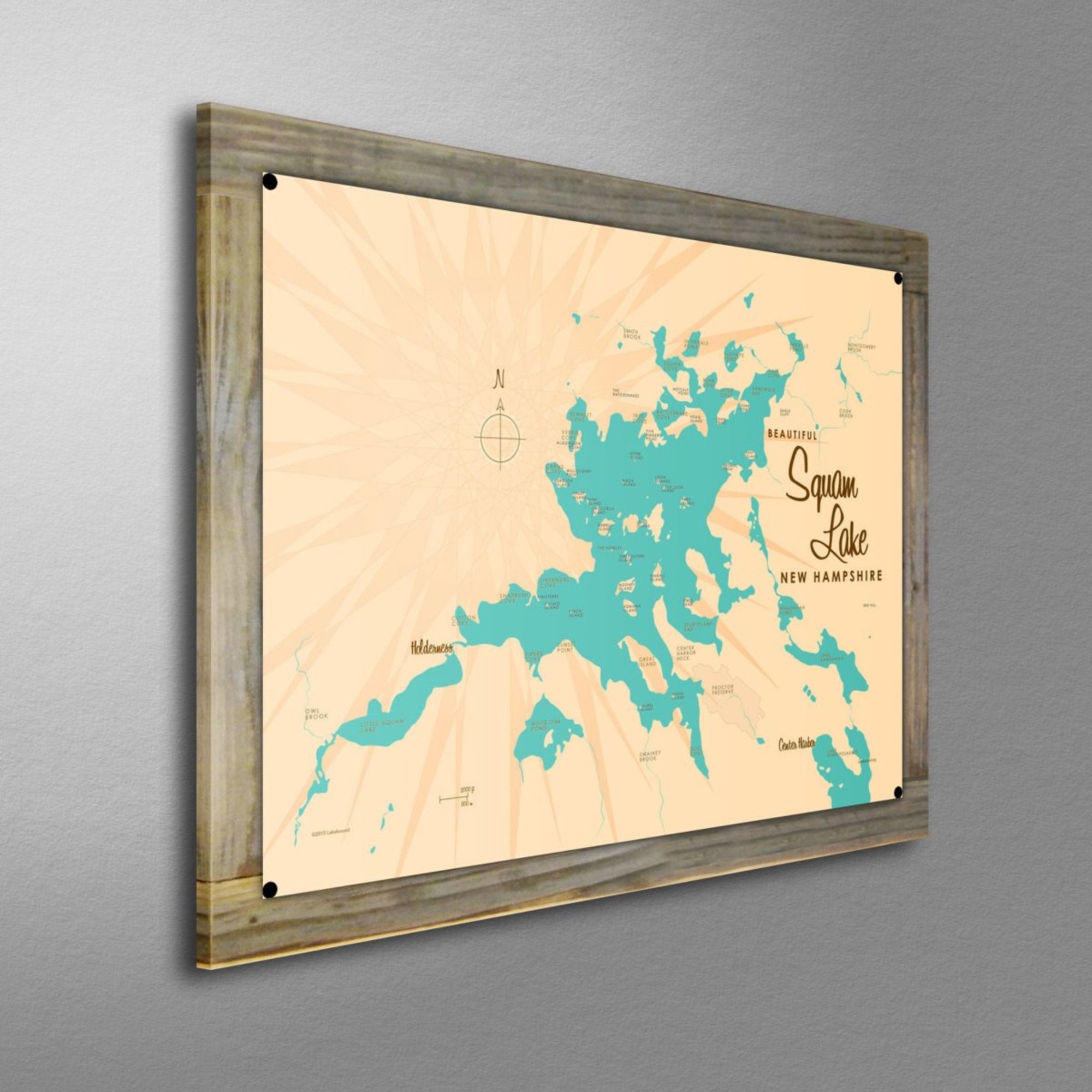 Squam Lake New Hampshire, Wood-Mounted Metal Sign Map Art
