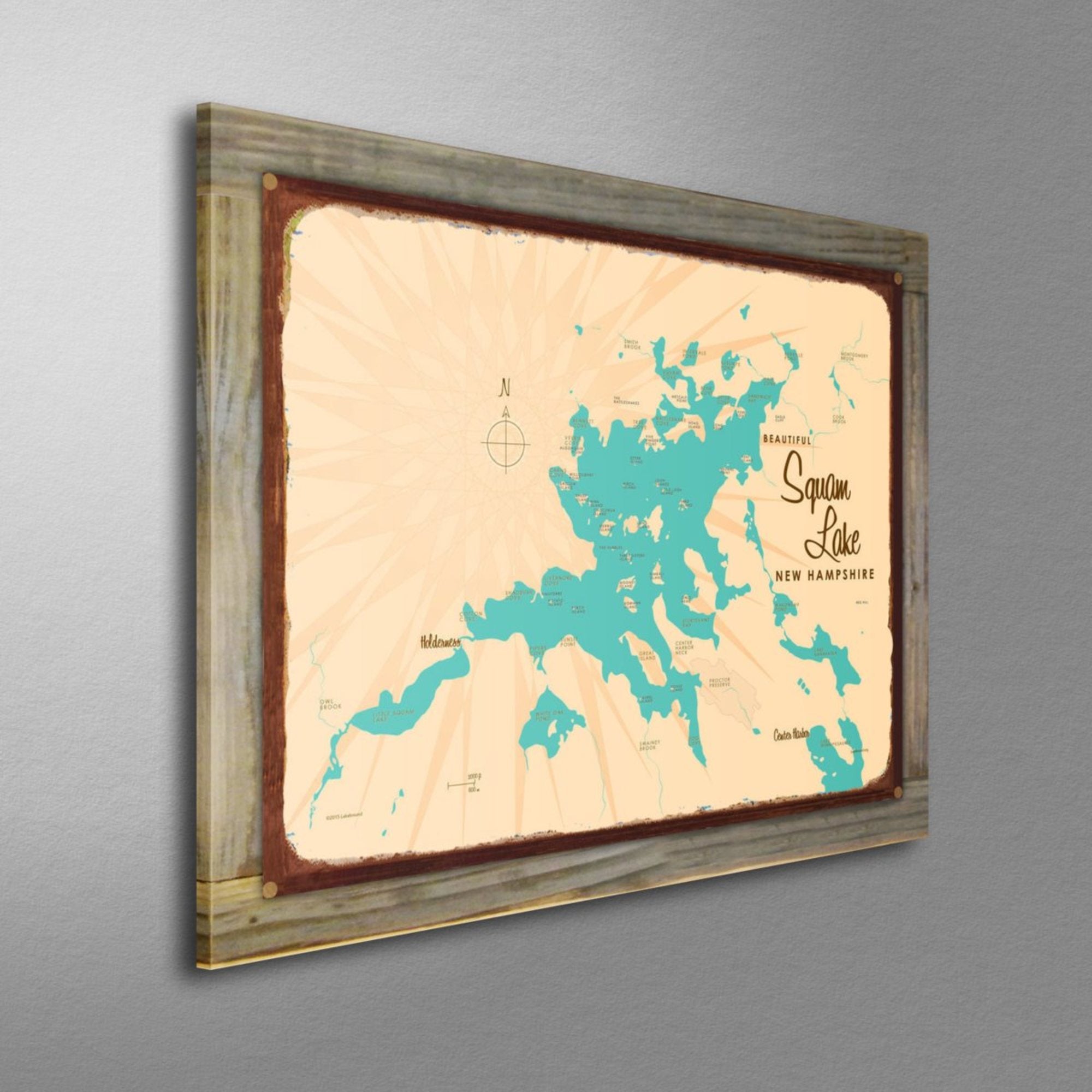 Squam Lake New Hampshire, Wood-Mounted Rustic Metal Sign Map Art
