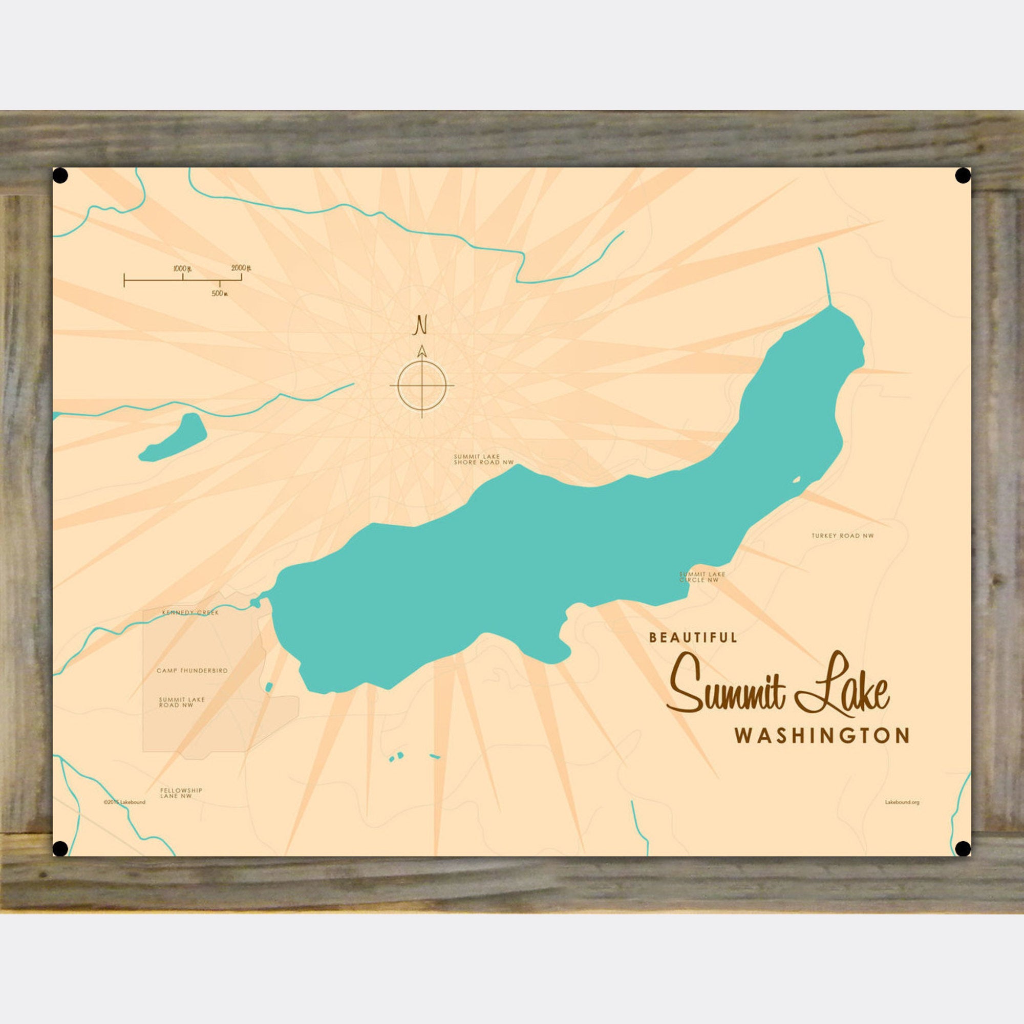 Summit Lake Washington, Wood-Mounted Metal Sign Map Art