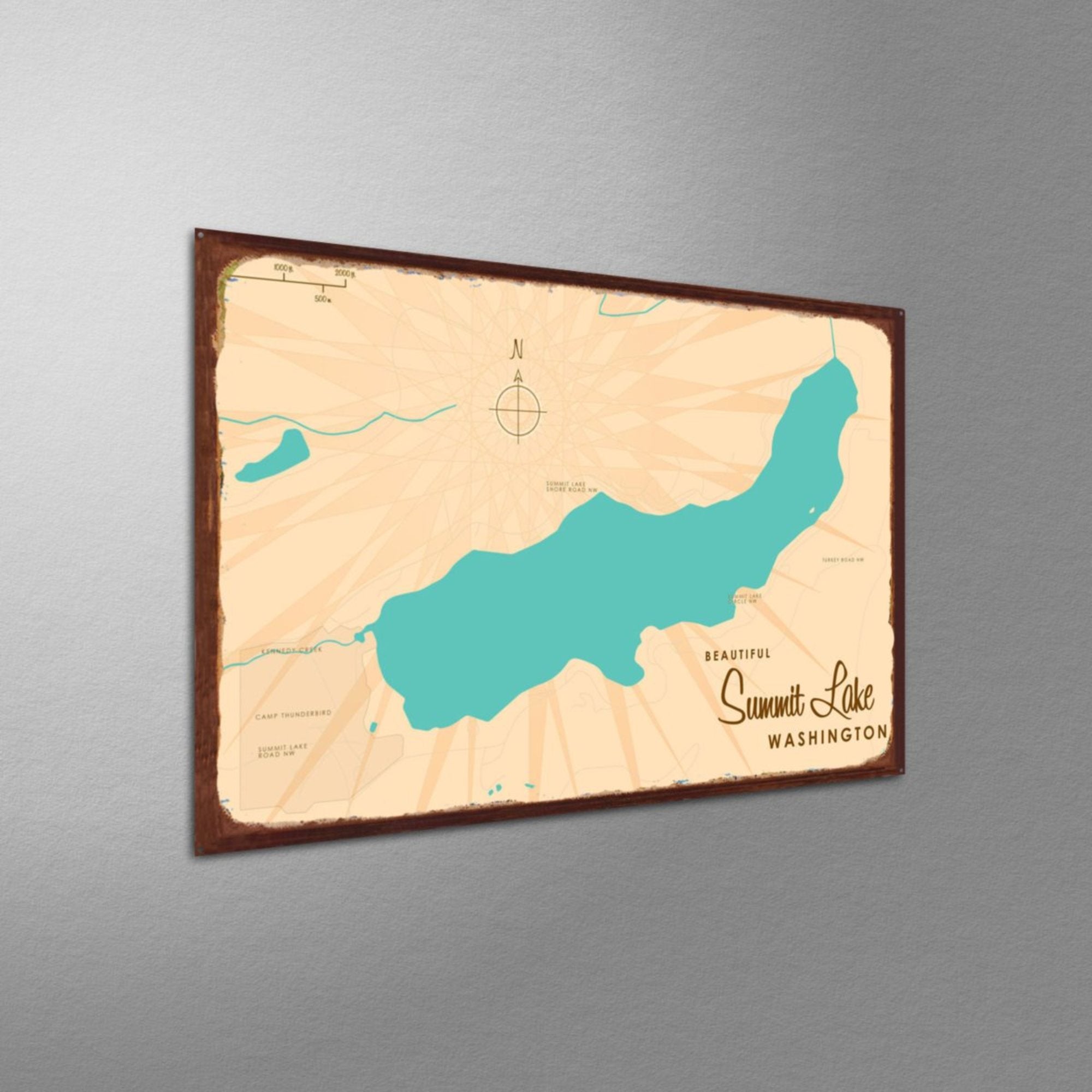 Summit Lake Washington, Rustic Metal Sign Map Art