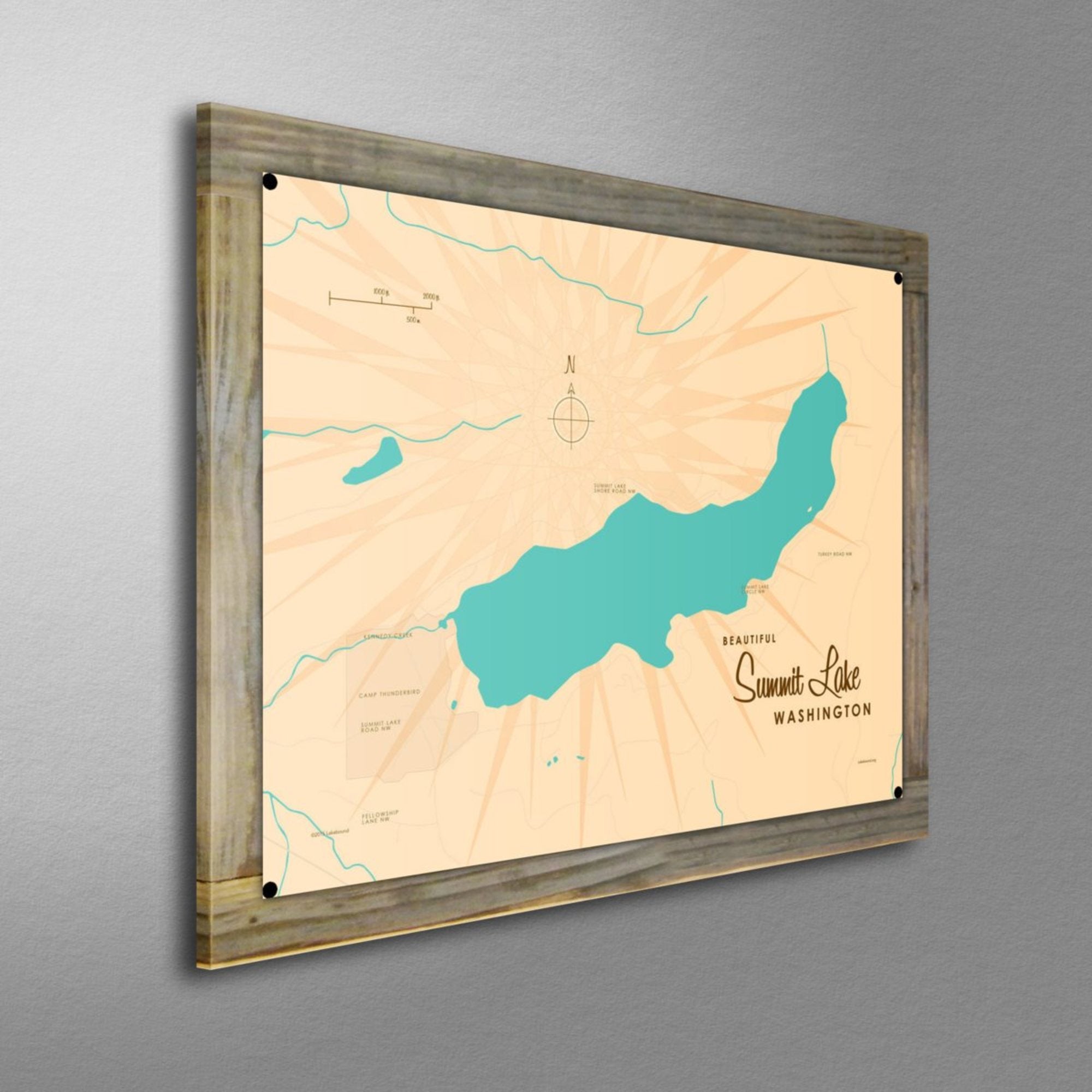 Summit Lake Washington, Wood-Mounted Metal Sign Map Art