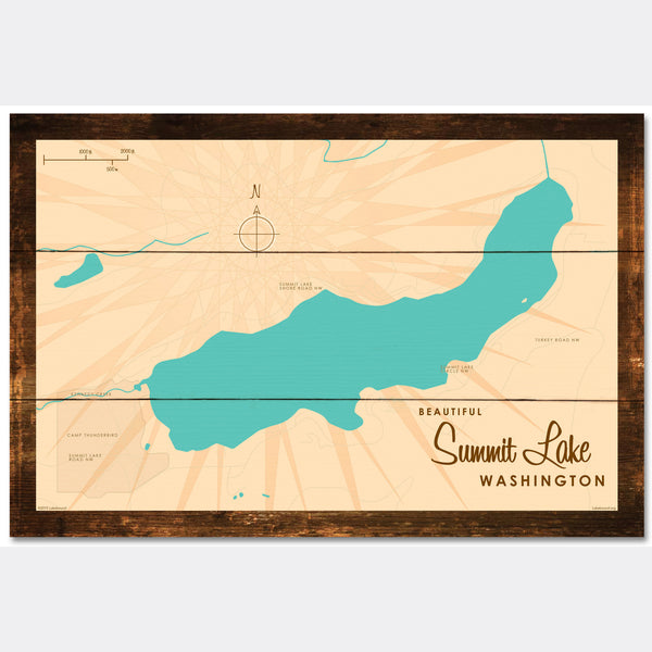 Summit Lake Washington, Rustic Wood Sign Map Art