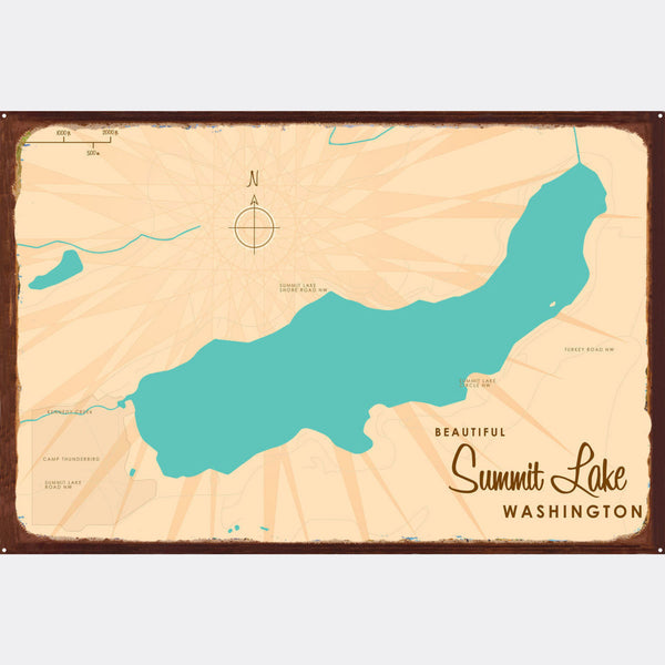 Summit Lake Washington, Rustic Metal Sign Map Art